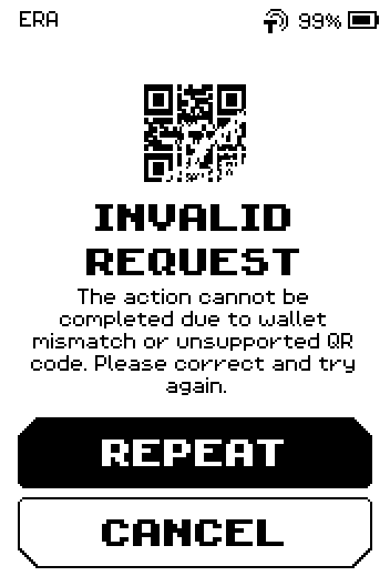 INVALID REQUEST page with REPEAT and CANCEL