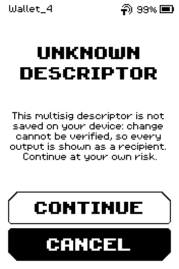 UNKNOWN DESCRIPTOR page with CONTINUE and CANCEL