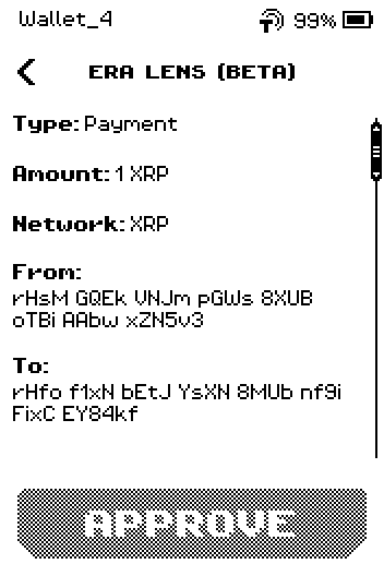 XRP review page 1: Payment, 1 XRP, network XRP, from, to