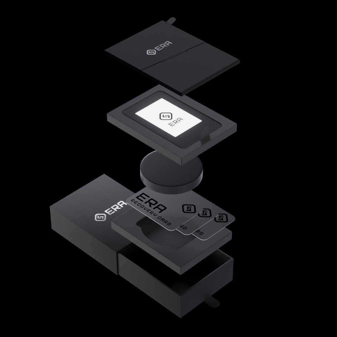 Exploded view of the ERA box: lid, tray holding the ERA, round charging pad, three ERA Recovery Cards, and the box base.