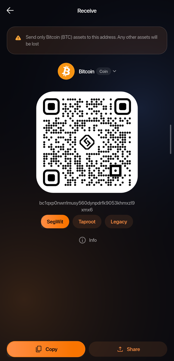 Receive page in the app: Bitcoin, a QR code, the bc1q address, the SegWit, Taproot and Legacy buttons, and Copy and Share.