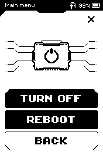 Power menu with TURN OFF, REBOOT and BACK buttons.