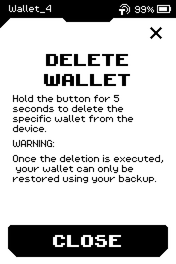 DELETE WALLET info text: hold the button for 5 seconds; the wallet can only be restored from your backup.