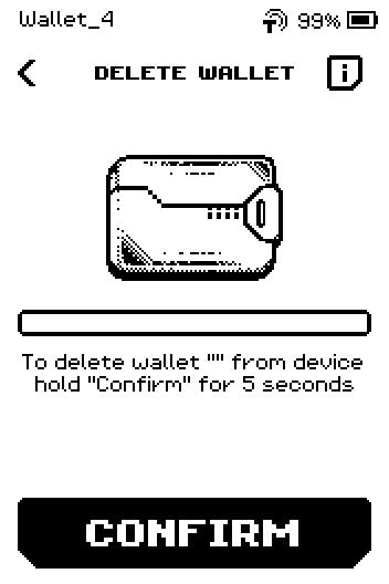 DELETE WALLET screen with a progress bar and a CONFIRM button.