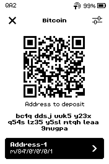 Bitcoin deposit screen showing Address-1 and its bc1q address.