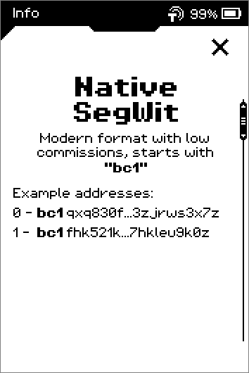 Info pages describing Native SegWit, Taproot and Nested SegWit with example addresses.