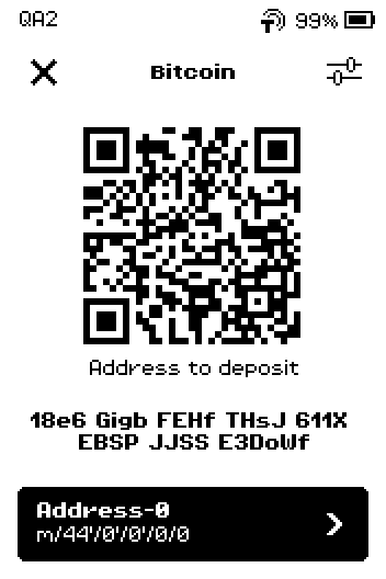 Bitcoin deposit screen showing a Legacy address starting with 1 and the path m/44'.