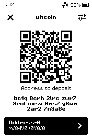 Bitcoin deposit screen with QR code, the address text and the Address-0 button.
