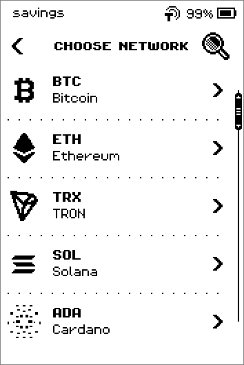 CHOOSE NETWORK list, three pages: BTC, ETH, TRX, SOL, ADA and the remaining networks.