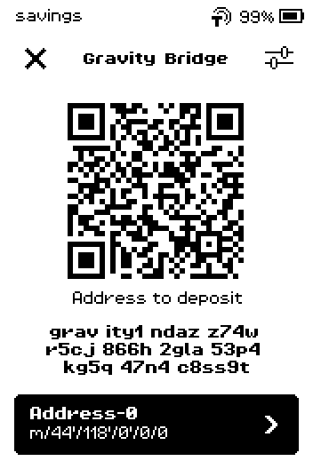 Gravity Bridge deposit screen with a gravity1 address.