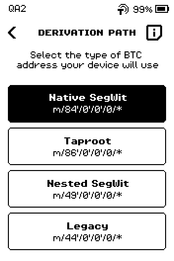 DERIVATION PATH screen with Native SegWit, Taproot, Nested SegWit and Legacy.