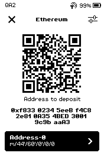 Ethereum deposit screen with a 0x address and the Address-0 button.
