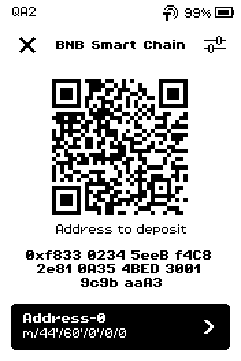 BNB Smart Chain deposit screen showing the same 0x address as Ethereum.