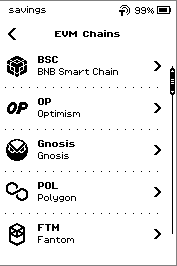 EVM Chains group, five pages from BNB Smart Chain to Zora.