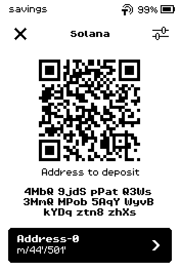 Solana deposit screen with a Base58 address.