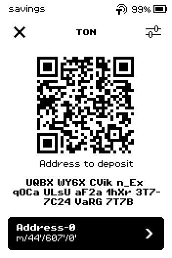 TON deposit screen with an address starting with UQ.