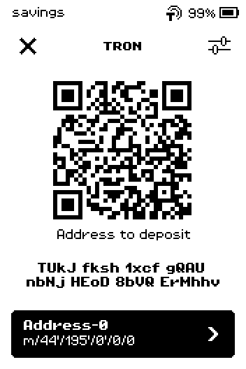TRON deposit screen with an address starting with T.