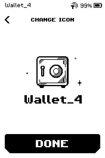 CHANGE ICON preview with the new safe icon, the wallet name and a DONE button.