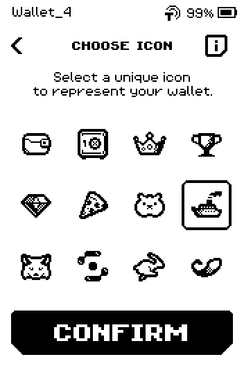 CHOOSE ICON grid with twelve icons and a CONFIRM button.