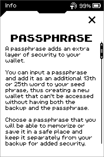 Passphrase info text, two pages: an extra 13th or 25th word that opens a new wallet.