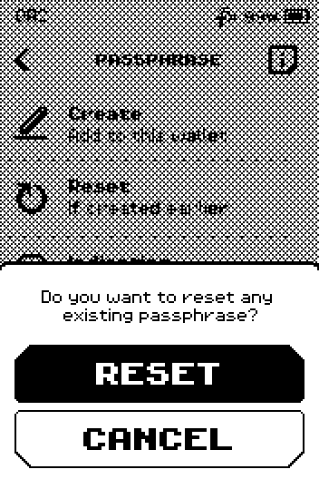 Do you want to reset any existing passphrase? question with RESET and CANCEL buttons.