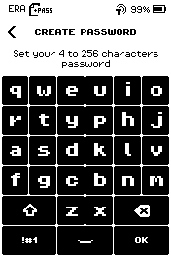 CREATE PASSWORD keyboard: set your 4 to 256 characters password.