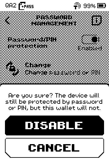 Are you sure? question with DISABLE and CANCEL buttons.