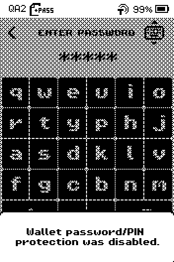 Wallet password/PIN protection was disabled message over the keyboard.
