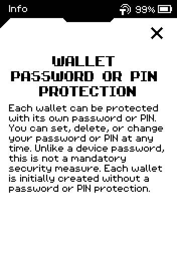 Info text: each wallet can be protected with its own password or PIN; it is optional.