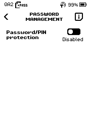 PASSWORD MANAGEMENT screen with the Password/PIN protection switch set to Disabled.