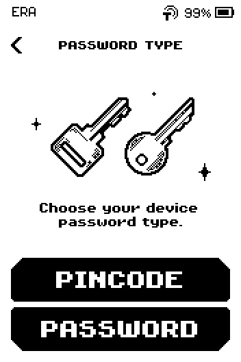 PASSWORD TYPE screen with PINCODE and PASSWORD buttons.